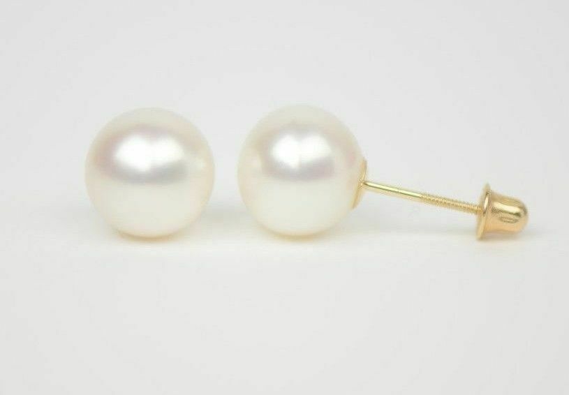 14k Yellow Gold Round Genuine White Pearl Stud Earrings Screw Backs