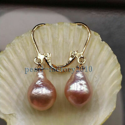 Baroque 11-14mm Aaa South Sea Pink Purple  Pearl Earrings 14k Gold