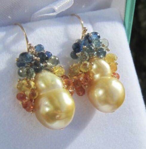 South Sea Pearl And Sapphire Earrings 9k Gold