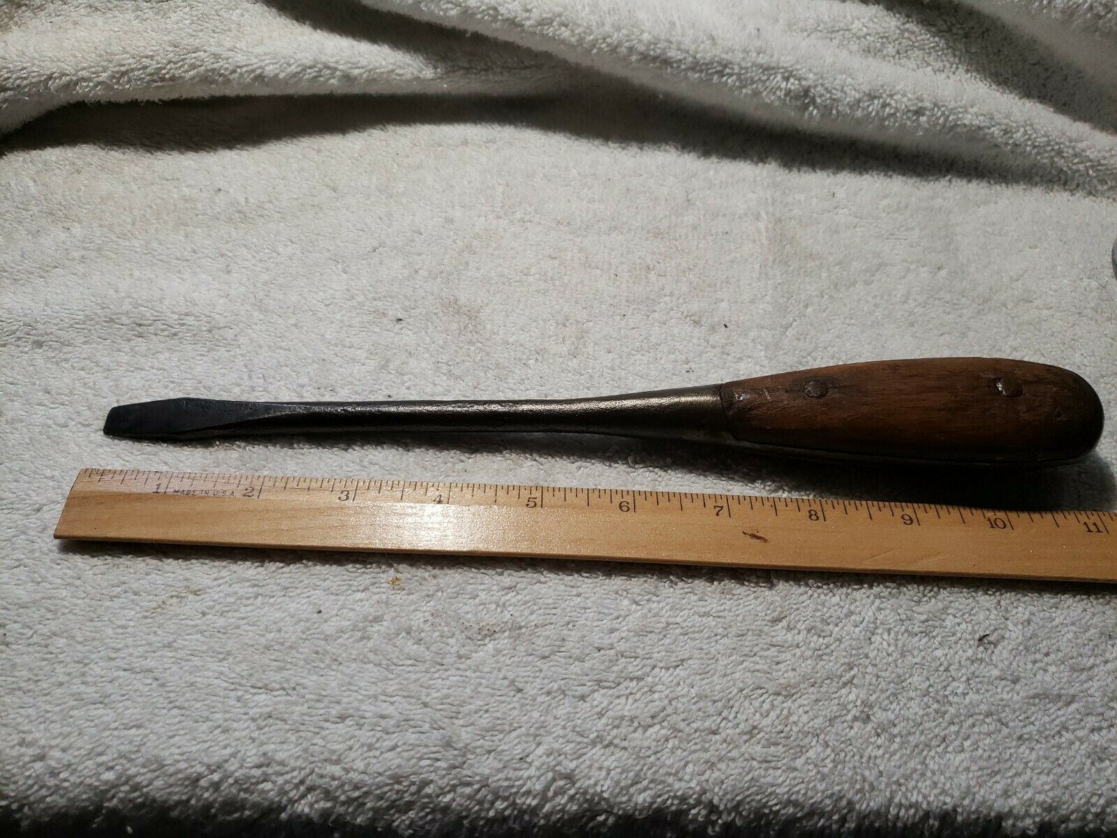 Perfect Handle Style 11" Long Flathead Screwdriver 3/8"tip Worn Wood Sides -old-
